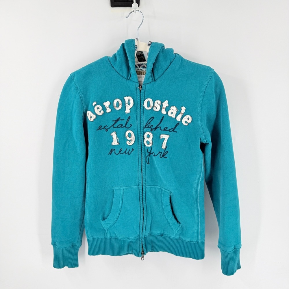 Y2K Aeropostale Hoodie Teal Small Graphic Zip Up 1987 New York Fair Isle Inside